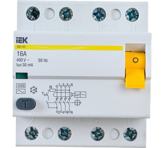 Выкл. Диф. (УЗО) ВД1-63 4Р 016А 4,5кА 30мА IEK